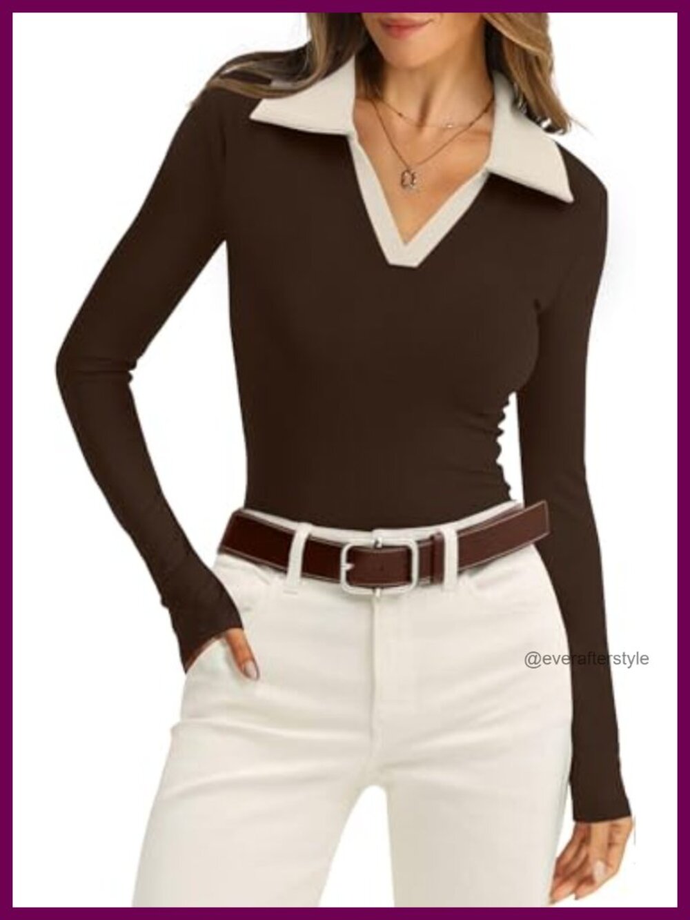 WIHOLL Womens Long Sleeve Polo Shirt Ribbed Knit Business Casual Slim Fit Top